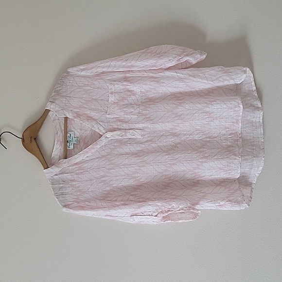 Coconut Row White Pink Linen Popover Blouse Size Large - Picture 1 of 7